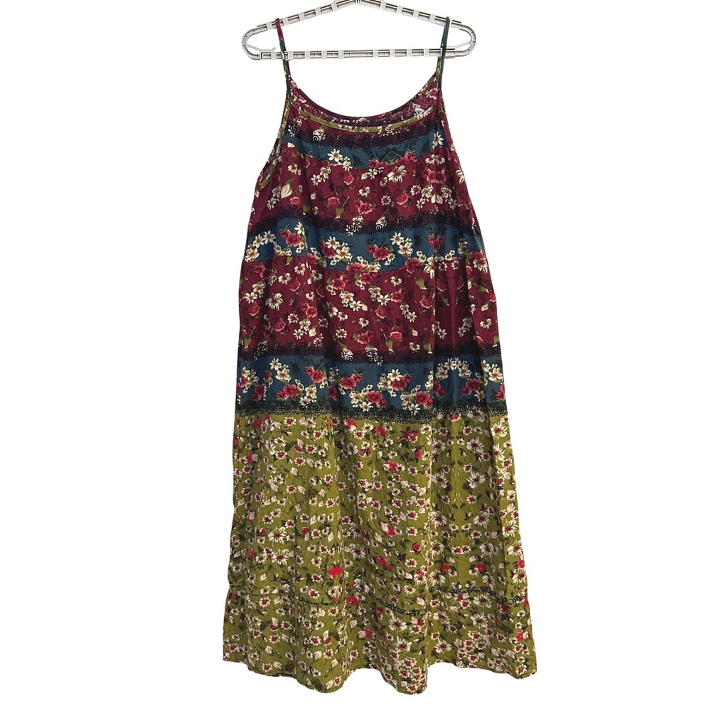 Floral Tiered Maxi Dress XL Boho Cottagecore Relaxed Flowy Burgundy Olive Green